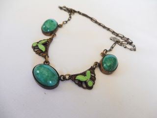 Vintage Antique Art Deco Turquoise Green Art Glass & Enamel Necklace 8