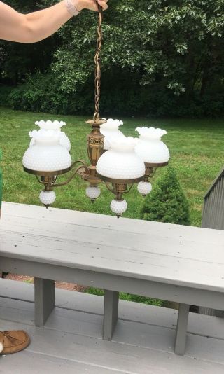 Vintage Brass & Hobnail Milk Glass Shades Globes Ceiling Swag Chandelier Light