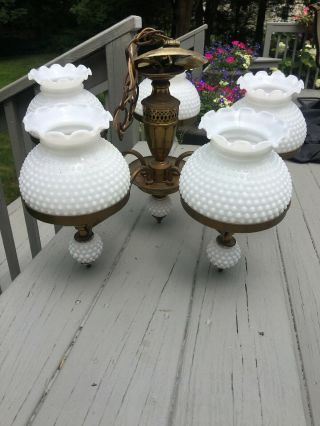 Vintage Brass & Hobnail Milk Glass Shades Globes Ceiling Swag Chandelier Light 4