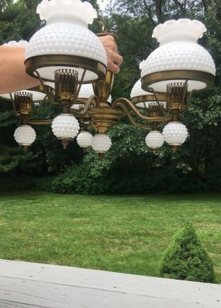 Vintage Brass & Hobnail Milk Glass Shades Globes Ceiling Swag Chandelier Light 6