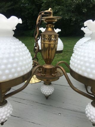 Vintage Brass & Hobnail Milk Glass Shades Globes Ceiling Swag Chandelier Light 7