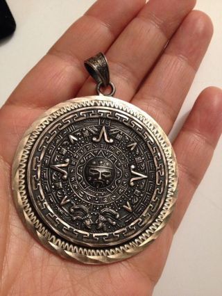 VINTAGE MEXICO (?) STERLING SILVER 925 AZTEC CALENDAR PENDANT 39g (c139) 4