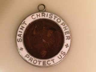 Vtg 1” Guilloche Enamel Saint Christopher Medal Pendant For Necklace