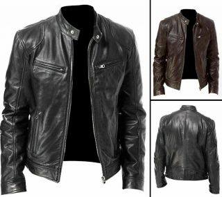 Mens Vintage Cafe Racer Black Brown Leather Slim Fit Real Biker Jacket