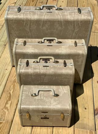 Vintage White Marble Samsonite Luggage Suitcase 4 Pc Train Case,  15”,  21”,  26”