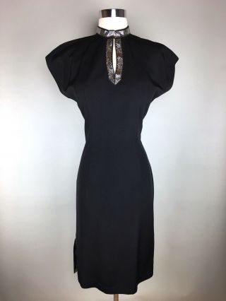 Vintage 1950s Black Rayon Faille Wiggle Dress W/ Silver Metallic Ribbon Trim