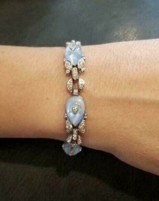 Vintage Signed Crown Trifari Light Blue And Silver Rhinestone Baguette Bracelet