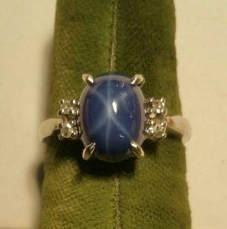 Vintage 14k White Gold Linde Blue Star Sapphire & Diamond Ring 3.  7gs Nr
