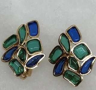 (inv 81) - Rare Gorgeous " Stained Glass " Poured Glass Earrings - Trifari