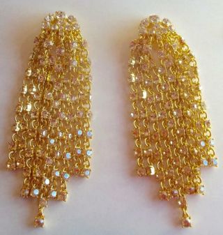 Oscar De La Renta Vintage Earrings Haute Couture Ice Rhinestone Gold Chain Chain