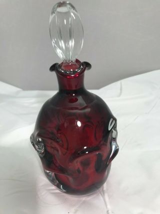 Vintage Ruby Red Decanter Mid - Century Thumbprint Made In Sweden Orig Label
