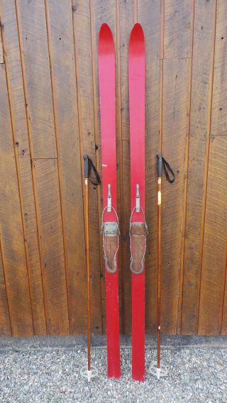 Antique Set 83 " Long Wooden Blond And Red Skis Have Bamboo Poles