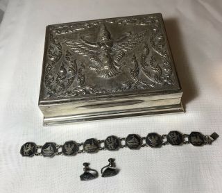 Vintage Siam Dancer Thailand Sterling Silver Jewelry Box 267 grams w/ Jewelry 2
