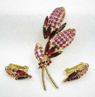 Vintage Hobe Signed Pink & Red Rhinestone Navette Flower Brooch Pin Earrings Set