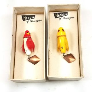2 Heddon Flaptail Fly Fishing Lures W/ Box: Yellow,  White W/ Red Head Lbr