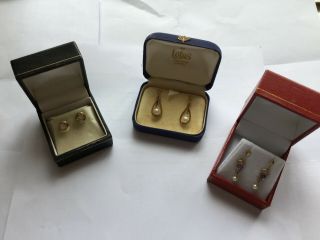 3 X Pairs Of Vintage 9ct Gold Amythest & Pearl Ear Pendants