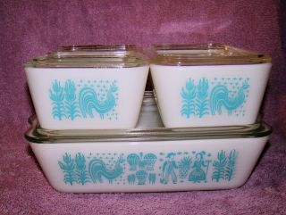 Vintage Set Of Amish Butterprint Aqua Blue White Turquoise Refrigerator Dishes