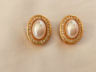 Vintage Christian Dior Signed Faux Pearl Rhinestone Gold Tone Clip Earrings