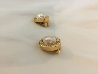 Vintage Christian Dior Signed Faux Pearl Rhinestone Gold Tone Clip Earrings 3