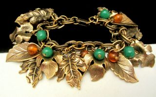 Chunky Vintage 7 " X1 - 1/2 " Goldtone Leaf Green Amber Glass Bead Charm Bracelet A12