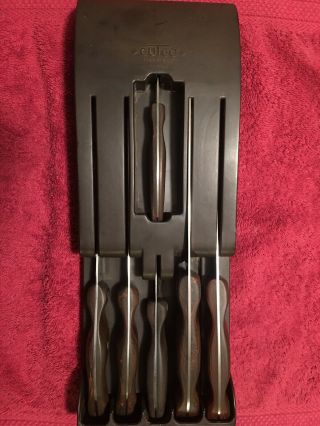 Vintage Cutco 6pc Kitchen Knife Set 1020 - 1025 Brown Swirl Handles Bakelite Caddy