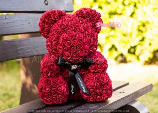 Rose Teddy Bear - Fully Assembled In Gift Box 16 Inch Teddy Bear Rose Red Wine