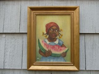 Vintage Folk Art Black Girl With Watermelon Painting Signed Hans Weiss
