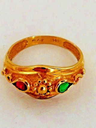 Vintage Solid 14k Gold Ring 3.  45 Grams Size 8 Red & Green Gemstone Nr