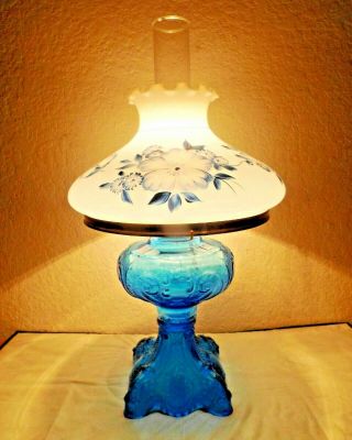 Gwtw A Vintage Fancy Conver Electric Shaded Blue Glass Oil Burner Hurricane Lamp
