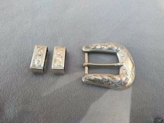 Vintage Fritch Bros.  3 Piece Sterling Silver Ranger Belt Buckle Set Hand Chased