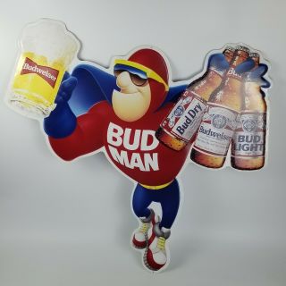 Vintage Metal Budman Beer Sign 30” X 33” 1991 Budweiser Bud Man Advertising