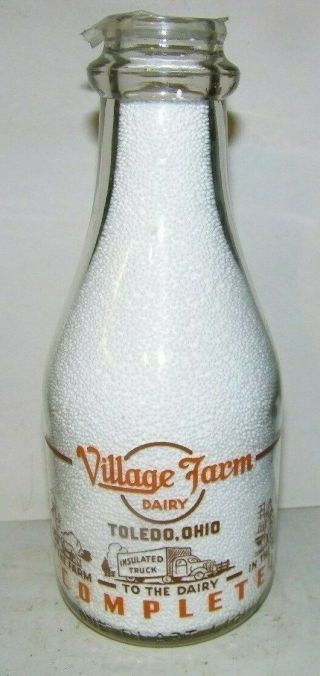 Vintage Milk Bottle - Village Farm Dairy Toledo,  Ohio Covers Bottle House,  Farm,  Truc