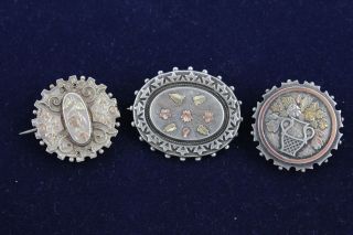 3 X Antique.  925 Sterling Silver Gold Accented Brooches W/ Locket Backs (27g)