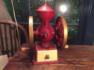Vintage John Wright Coffee Mill Grinder Cast Iron Red And Gold