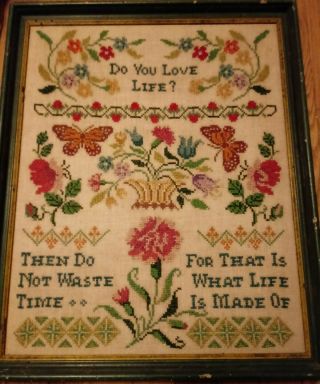 Vintage Cross Stitch Sampler Picture In Frame Do You Love Life Butterflies