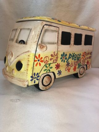 Vtg Hippie Cool Peace Love Vw Bus Flower Power Canister Dog Treat Cookie Jar