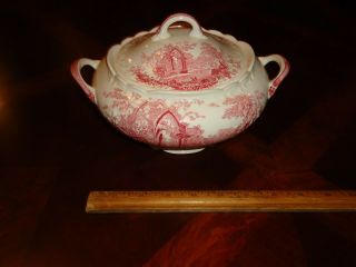 Vintage Antique English Abbey Red Round Serving Covered Bowl Dish W/ Lid