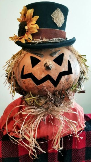 Halloween Folk Art Primitive Scarecrow Mask Hand Made Ooak Vintage Gourd