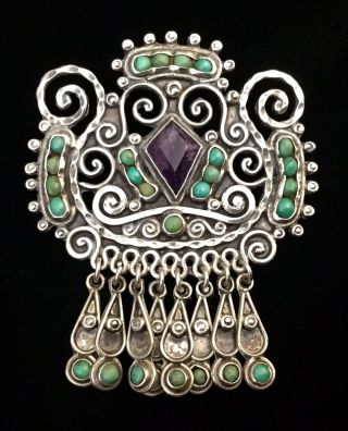 Vtg Matilde Poulat Matl Mexico Sterling Turquoise Amethyst Dangle Brooch Pin
