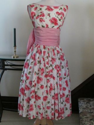 Vtg 1950s 60s Pink Roses Garden Party Dress Floral Fit & Flare Prom Big Bow S Xs