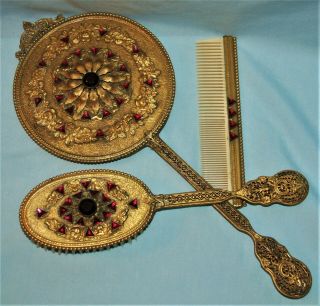Vintage/antique Gold Gilded Filigreejeweled Vanity Hand Mirror Brush Comb Set