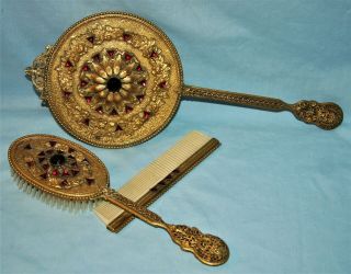 Vintage/Antique Gold Gilded FiligreeJeweled Vanity Hand Mirror Brush Comb Set 2