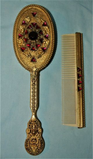 Vintage/Antique Gold Gilded FiligreeJeweled Vanity Hand Mirror Brush Comb Set 3