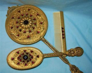 Vintage/Antique Gold Gilded FiligreeJeweled Vanity Hand Mirror Brush Comb Set 4