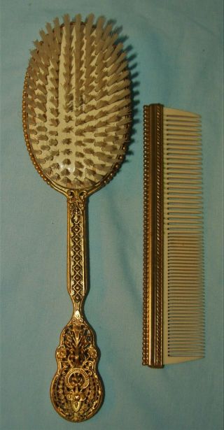 Vintage/Antique Gold Gilded FiligreeJeweled Vanity Hand Mirror Brush Comb Set 5