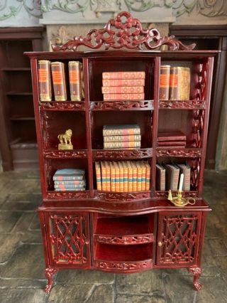 Miniature Dollhouse Vintage Artisan Carved Library Wall Cabinet Glass Doors UK 2