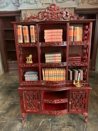 Miniature Dollhouse Vintage Artisan Carved Library Wall Cabinet Glass Doors UK 3