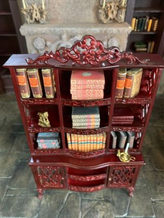 Miniature Dollhouse Vintage Artisan Carved Library Wall Cabinet Glass Doors UK 4