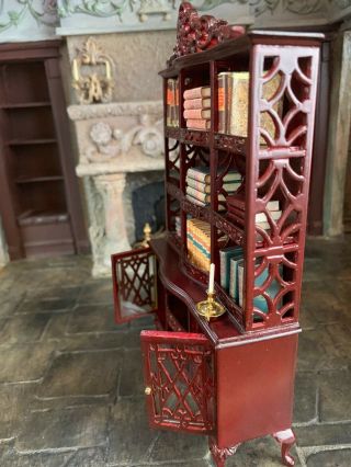 Miniature Dollhouse Vintage Artisan Carved Library Wall Cabinet Glass Doors UK 5