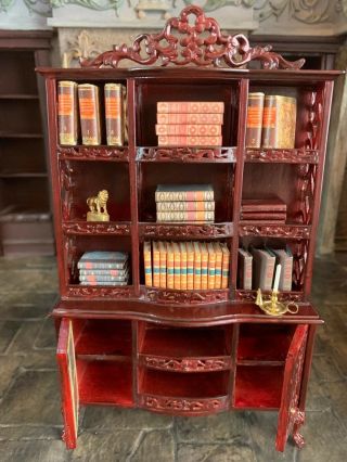 Miniature Dollhouse Vintage Artisan Carved Library Wall Cabinet Glass Doors UK 6